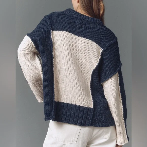 Anthropologie Pilcro Chunky Crew-Neck Sweater in Navy Blue / White - Picture 2 of 6